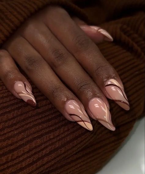 Fall Nail Colors for Dark Skin 2024: A Guide to Chic and Stunning Looks Brown Curved Nails, Almond Shape Nails Fall Colors, Brown Almond Nails French Tip, Nail Designs On Almond Shape, Demure Nail Designs, Dark Fall Nail Art, October Nails Ideas 2024, Fall Almond Nails Ideas Brown Skin, Fall Russian Manicure