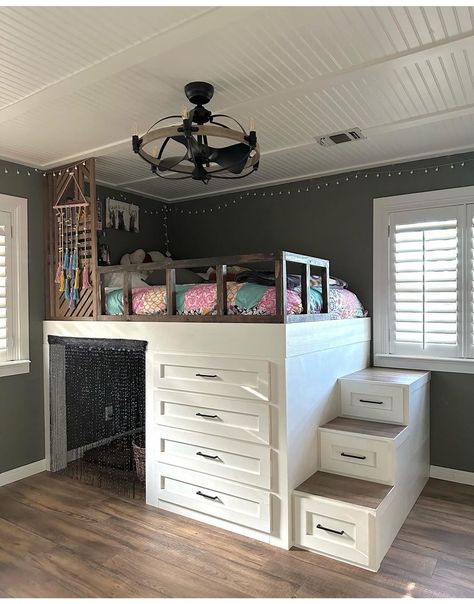 Beds On Shelves, Raised Bed With Bookshelves, Loft Bed With Nook, Loft Bed Ideas With Storage, Bed With Bookshelf Underneath, Bed With Reading Nook Underneath, Loft Bed With Hidden Room, Loft Bed Ideas For Adults Queen Size, Queen Loft Bed With Closet Underneath