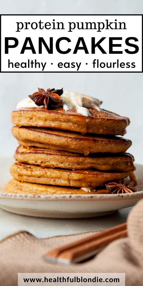 These ultra-fluffy oatmeal pumpkin protein pancakes are perfect for Fall and have over 12 grams of protein per serving. They’re made in a blender with healthy ingredients like pumpkin puree, oats, eggs, and Greek yogurt. An easy gluten-free breakfast! Healthy Pancakes Protein, Pumpkin Yogurt Pancakes, Pumpkin Egg Pancakes, Pumpkin Pancakes For One, Healthy Pumpkin Oatmeal Pancakes, Pumpkin Pancakes Protein, Yogurt Pancakes Gluten Free, Fall Protein Breakfast, Blender Pumpkin Pancakes