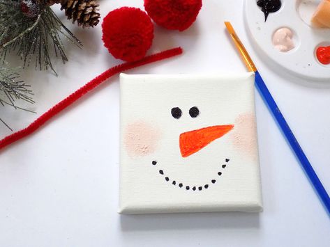 One Savvy Mom ™ | NYC Area Mom Blog: Mini Canvas Snowman Ornament - A Quick & Simple {Super Cute!} Christmas Kids Craft Tutorial Christmas Canvas Art With Kids, Mini Canvas Snowman Ornament, Canvas Snowman Painting For Kids, Canvas Painting Christmas Kids, Easy Painting Ideas On Canvas For Beginners Simple Christmas, Painting Ideas On Canvas Easy Christmas, Snowman Canvas Paintings Easy, Simple Holiday Painting, Small Painting Ideas Mini Canvas Christmas