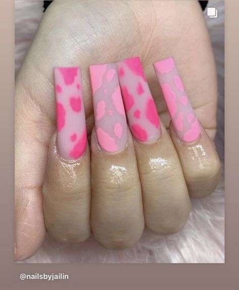 Pink Cow Print Nails Acrylic Long, Pink Cow Nail Designs, Different Color Cow Print Nails, Short Pink Cow Print Nails, Cow Print Nails Colorful, Colored Cow Print Nails, Cow Pink Nails, Glitter Cow Nails, Pink And Black Cow Print Nails