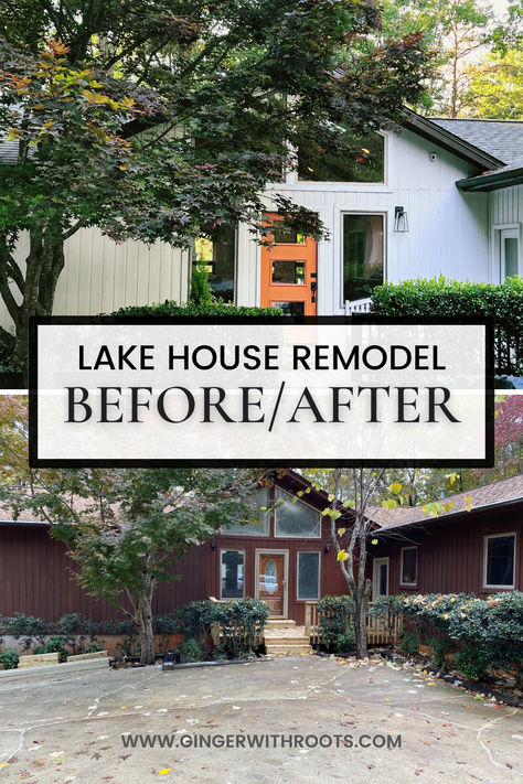 before and after pictures of lake house remodel Cottage Remodel Ideas, Lake House Loft Bedrooms, Lakehouse Siding Ideas, White Lake Cottage Exterior, Lake House Bathroom Ideas Cottage, Mid Century Lake House Decor, Bathroom Remodel Lake House, Lake House Updates, Ikea Lake House