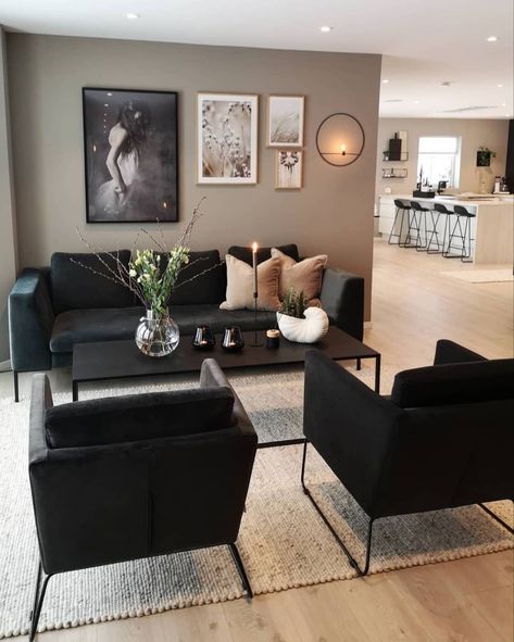 Open Concept Living Room, Black Living Room, Home Decor Idea, Small Living Room Decor, Living Room Design Decor, Apartment Decor Inspiration, Living Room Decor Apartment, Living Room Inspo, Contemporary Living Room