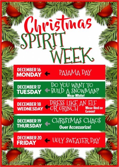 christmas spirit week - - Image Search Results Holiday Spirit Week Ideas For Office, Work Holiday Spirit Week Ideas, Christmas Themed Spirit Week, Christmas Posters For School, Spirit Week Christmas Ideas, Christmas School Themes, Christmas Poster Ideas For School, Grinch Spirit Week, Winter Spirit Days