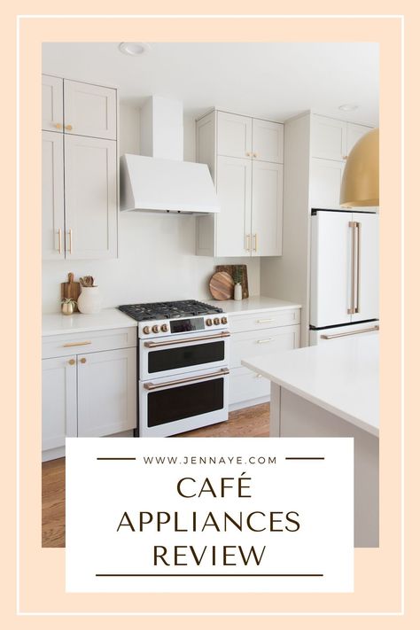 White Refrigerator Kitchen, Greige Cabinets, Cafe Appliances, Ge Cafe Appliances, Ge Cafe, White Refrigerator, White Kitchen Appliances, White Fridges, White Oak Kitchen