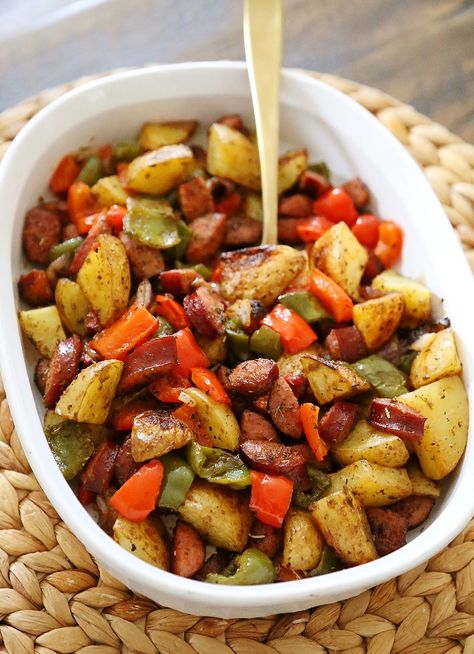 One-Pan Roasted Sausage, Peppers and Potatoes Sausage Peppers Onions And Potatoes Crockpot, Sausage Peppers Onions And Potatoes Oven, Sausage Pepper Onions And Potatoes, Sausage Potatoes And Peppers, Pan Roasted Potatoes, Peppers And Potatoes, Sausage And Peppers Recipe, Roasted Sausage, Sausage And Potato Bake