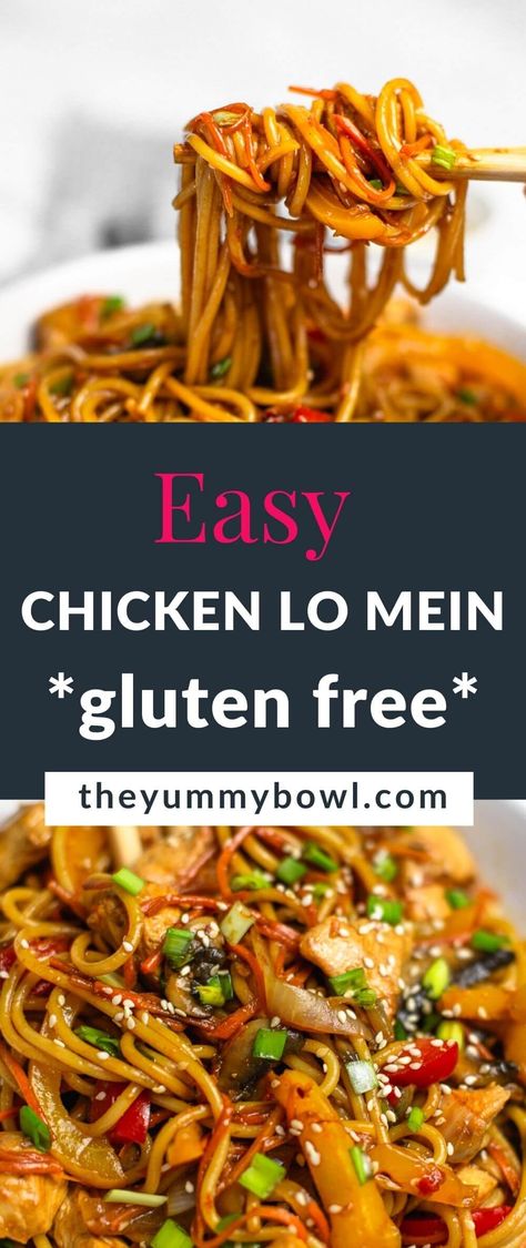 Easy Chicken Lo Mein recipe made with thick noodles, marinated chicken and tossed in a rich and flavorful dark sauce with a generous amount of ginger and garlic. Ready in less than 30 minutes and is way better than take out! Chicken Lo Mein Gluten Free, Gluten Free Chicken Lo Mein Recipe, Weeknight Gluten Free Dinner Recipes, Gluten Free Chicken Chow Mein, Cheap Healthy Meals Gluten Free, Gf Lo Mein, Gluten Free Asian Noodle Recipes, Gluten Free Chow Mein Recipes, Yummy Gluten Free Dinners