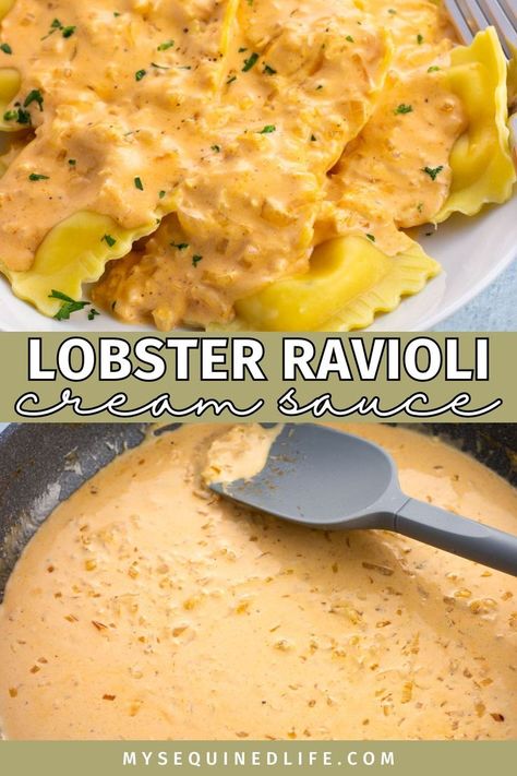 Lobster ravioli cream sauce in a pan and then served over ravioli. Ravioli Cream Sauce, Sauce For Lobster Ravioli, Sauce For Lobster, Ravioli Dinner Ideas, Ravioli Sauce Recipe, Lobster Ravioli Sauce, Ravioli Soup, Ravioli Sauce, Lobster Sauce