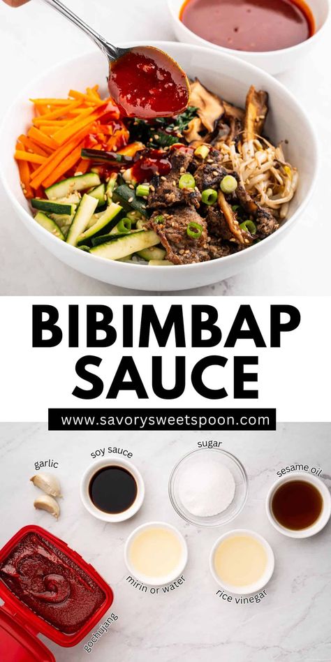 This easy Bibimbap sauce is the perfect blend of sweet, spicy, and savory flavors! Made with gochujang, sesame oil, and a touch of sweetness, it’s the key to adding that signature kick to your Korean bibimbap bowls. Drizzle it over rice, veggies, and protein for a quick, flavorful meal! Bibimbap Sauce Not Spicy, Bibimbap Meal Prep, Bibimbap Recipe Sauce, Korean Rice Bowl Bibimbap Recipe, Vegan Bibimbap Bowls, Asian Sauce For Rice, Easy Bibimbap Recipe, Bibimbap Recipe Easy, Veggie Bibimbap