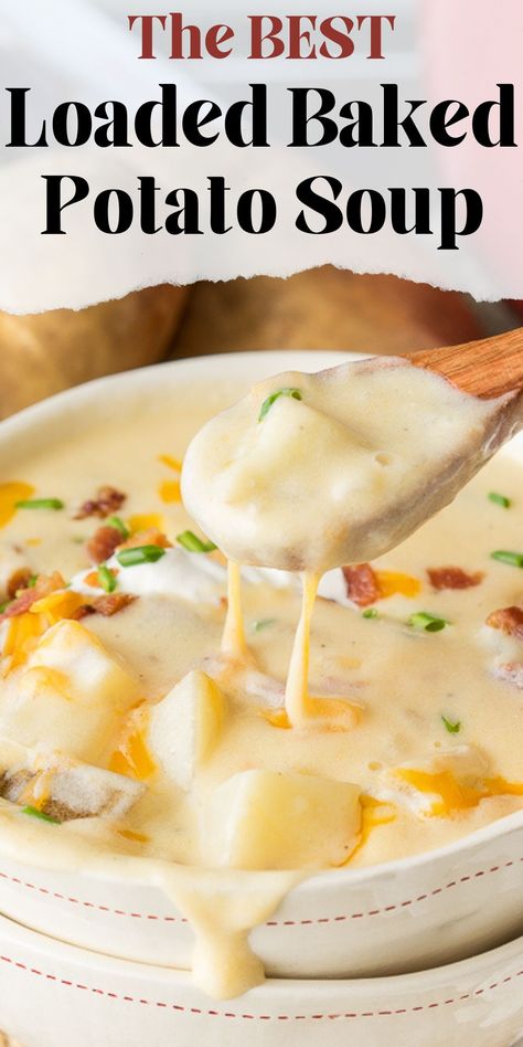 This Loaded Baked Potato Soup is a warm and comforting soup that is quickly made in less than 30 minutes! Easy Loaded Baked Potato Soup, Easy Loaded Baked Potato, Loaded Baked Potato Soup Recipe, Baked Potato Soup Recipe, Comfort Soup Recipes, Loaded Potato Soup, Comforting Soup, Loaded Baked Potato, Loaded Baked Potato Soup