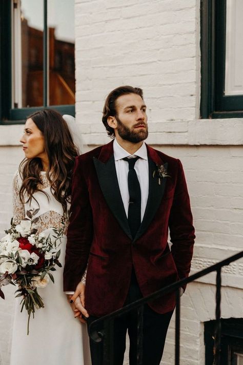 Moody Wedding Menswear, Groomsmen Attire Velvet, Maroon Groomsmen Suits, Moody Wedding Groomsmen, Moody Groom Attire, Dark And Moody Groomsmen Attire, Moody Groomsmen Attire, Black Maroon Wedding, Maroon Tuxedo Wedding