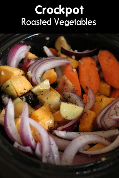 Squash, carrots, potatoes and red onions with a variety of seasonings make this a delicious slow cooker meal! Crock Pot Roasted Vegetables, Easy Vegetable Crockpot Recipes, Veggies In Crockpot Slow Cooker, Potato’s And Carrots Crockpot, Cooking Vegetables In Crockpot, Crockpot Side Dishes Vegetables, Slow Cook Vegetables, Roasted Potatoes And Carrots Crockpot, Roasted Vegetables Crockpot