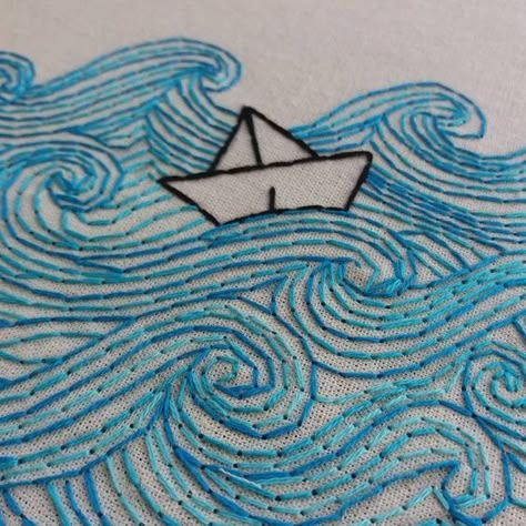 Embroidered Waves Ocean, Ocean Waves Embroidery, Embroidery Ocean Patterns, Ocean Embroidery Simple, Wave Embroidery Pattern, Ocean Embroidery Patterns, Origami Embroidery, Waves Embroidery, Embroidery Ocean