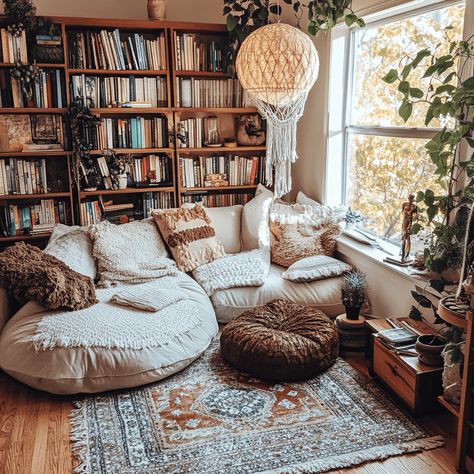 16 Cozy Reading Room Designs You’ll Love | How to Make Them Your Own Modern Boho Library Room, Reading Corner By Fireplace, Book Lover Living Room, Cozy Living Room Bookshelves, Cosy Reading Area, Fireplace Reading Area, Reading Lounge Room, Gaming And Reading Room, Bean Bag Reading Corner