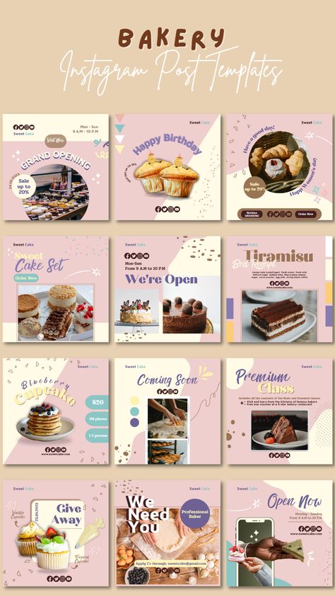 Bakery Inspiration Design, Instagram Post Ideas For Graphic Designers, Bakery Marketing Ideas Social Media, Graphic Design Feed Instagram, Food Business Color Palette, Cake Instagram Feed, Bakery Social Media Design, Bakery Instagram Feed Ideas, Bakery Social Media Post