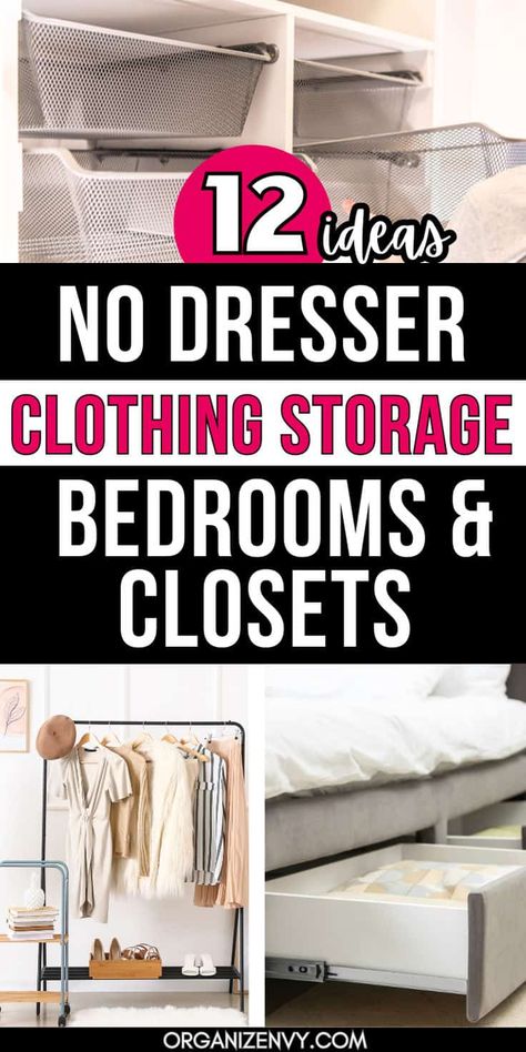 Small bedrooms and small closets need special attention when it comes to clothes storage, especially if you don't have a dresser. Check out these 12 ideas to organize and store clothing in a small bedroom or closet! Learn how to maximize storage space, use closet shelves, add drawers to a small closet, use the space under your bed and more. Small bedroom organization | Small bedroom storage | Small closet organization | Small closet storage | Clothes storage no dresser Clothing Storage For Small Spaces Bedroom, Diy Shelves For Clothes, A Lot Of Clothes Small Closet, Diy Clothes Shelves, Add Drawers To Closet, How To Organize An Armoire For Clothes, How To Store Clothes Without A Dresser, Clothes Storage No Dresser, Clothing Storage Without Dresser