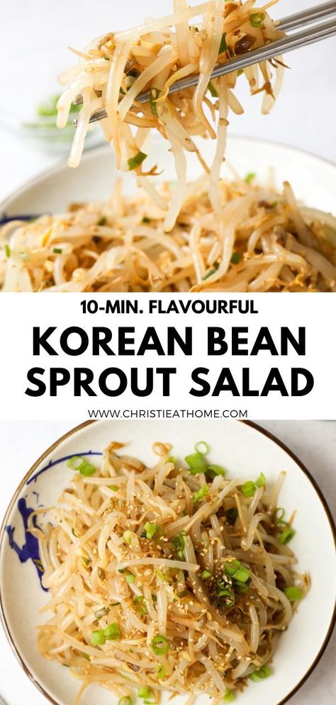 Flavourful 10-min. Korean Bean Sprout Salad (Sukju Namul). Crunchy bean sprouts seasoned in a simple and flavourful sesame garlic soy sauce. This is a popular Korean side dish that is served at many Korean restaurants. Recipe: https://christieathome.com/blog/korean-bean-sprout-salad/ #beansprout recipes #korean bean sprout side dish Soy Bean Salad, Bean Sprout Salad Recipes, Korean Mung Bean Sprouts, Asain Food Sides, Beansprout Salad Recipes, Korean Sprouts Recipe, Japanese Sides Recipes, Canned Bean Sprouts Recipes, What To Do With Bean Sprouts