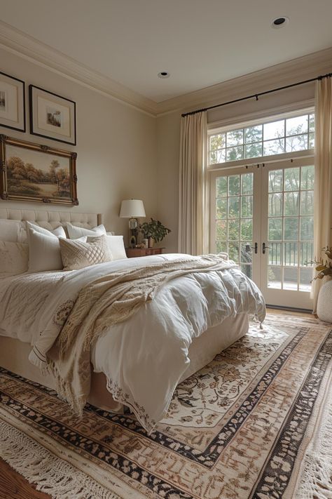 Cottage Design Bedroom, Bedroom Ideas New Classic, Warm And Minimalist Bedroom, Aesthetic House Interiors Bedroom, Cozy Soft Bedroom, How To Elevate Your Bedroom, Bedroom Ideas Cozy Aesthetic, Aesthetic Master Room, Cozy House Aesthetic Bedroom