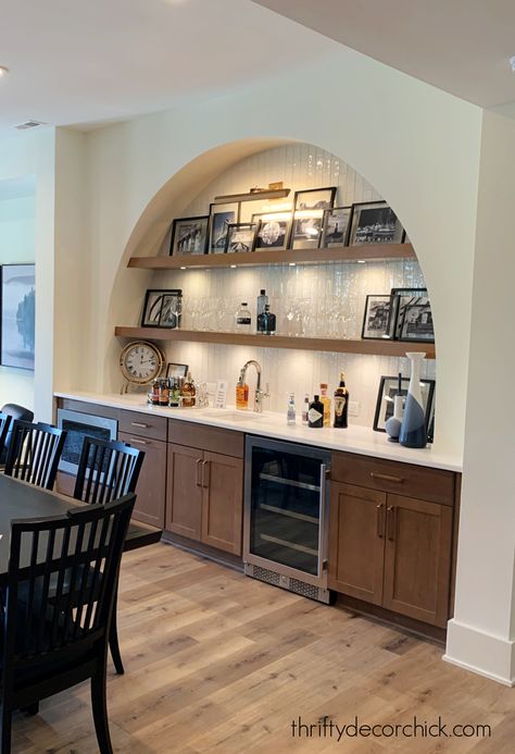 Arched Built In Dry Bar, Kitchen Wall Interior Design, Arched Built In Bar Cabinet, Kitchenette With Seating, Wall Niche Bar Ideas, Wet Bar Decorating Ideas, Built In Home Bar Designs, Living Room Off Of Kitchen, Bar Area Off Kitchen