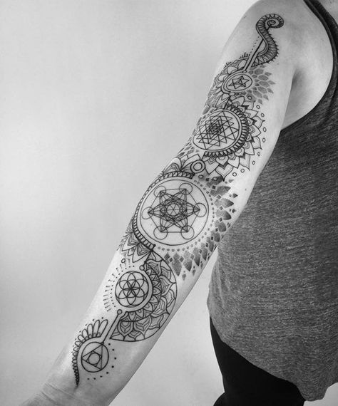 BIG INSPIRATION FOR MY "BELIEVE IN YOUR OWN MAGIC" SLEEVE. I Like: Symbolism, Geometrics, Physics symbolism, Religion, Fantasy, Sorcery, mystical combined in mandala style sleeve. Mandala Sleeve, Monster Tattoo, Geometric Sleeve Tattoo, Tattoo Trend, Sacred Geometry Tattoo, Geometry Tattoo, Geometric Tattoo Design, Tattoos Geometric, Spiritual Tattoos