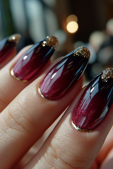 Burgundy  Nail Polish Red Wine Nails Design Burgundy, Red Gold Glitter Nails, Blue And Maroon Nails, Nail Art Trend 2024, Wine Colored Nails Designs, Burgundy Red Nails, Crimson Nails, Red Gold Nails, Unique Nail Ideas