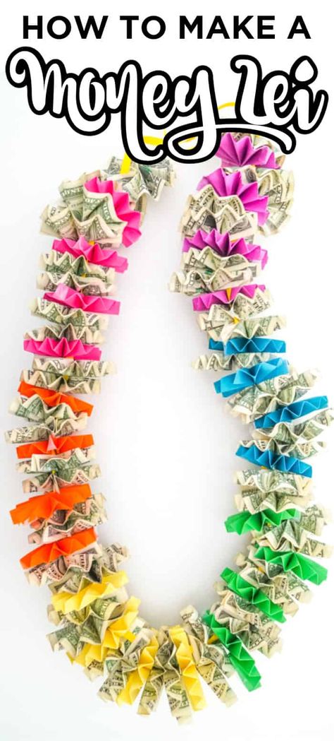 How to Make a Money Lei. Money Lei Tutorial. Sharing a fun and easy Graduation gift tutorial. Money Lei How To Dance Recital Candy Lei, How To Make Candy Lays For Graduation, Graduate Money Necklace, Candy Necklaces For Graduation, How To Make A Money Lay For Graduation, Paper Leis Graduation, How To Make A Graduation Lai, Make A Graduation Lei, Graduation Dollar Necklace