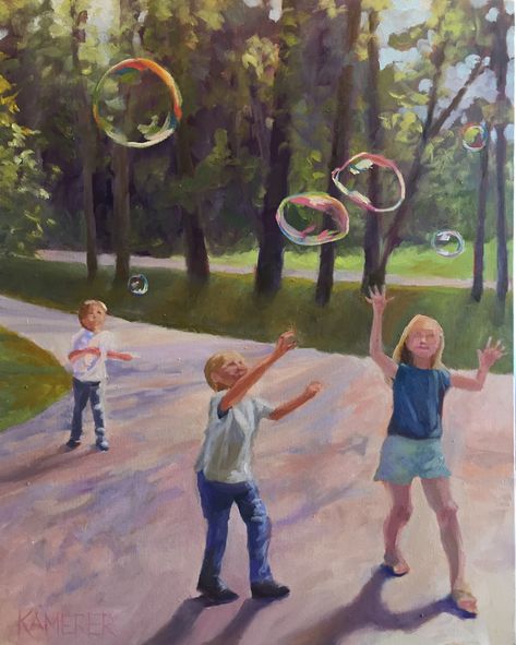 24” x 30” oil painting on canvas   Childhood innocence and joy captured in oil. #artwork #childrensart #homedecorideas #oilpaintingart #bubbles #kidsroom Childhood Art Painting, Childhood Nostalgia Artwork, Childhood Inspired Art, Childhood Painting Memories, Childhood Nostalgia Painting, Childhood Dreams Art, Moment In Time Art, Meaningful Oil Paintings, Nostalgia Drawing Art