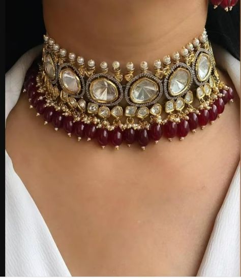 Polki choker with Statement Earrings
 Cz Lab Pearls Victorian Necklace set Jewelry Design Necklace Choker, Choker And Long Necklace Set, Heavy Choker Necklace, Traditional Choker Necklace, Choker Necklace Indian, Polki Choker Set, Victorian Choker, Sabyasachi Jewelry, Polki Choker