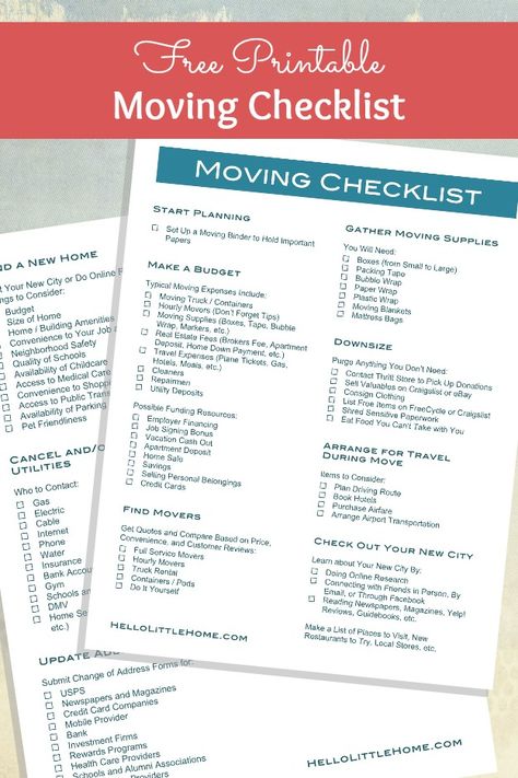 Get organized for your move with this Free Printable Moving Checklist, plus get tons of tips for How to Plan a Big Move! | Hello Little Home Moving To Do List, Moving Checklist Printable, Tips For Moving Out, Moving House Packing, Moving Binder, Moving Printables, Moving List, Moving Timeline, Moving House Checklist