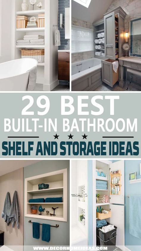 best built-in bathroom shelf and storage ideas Built In Bathroom Storage, Bathroom Storage Tower, Small Bathroom Cabinets, Bathroom Niche, Bathroom Storage Hacks, Bathroom Wall Storage, Bathroom Cabinets Designs, Open Bathroom, Bathroom Shelf Decor