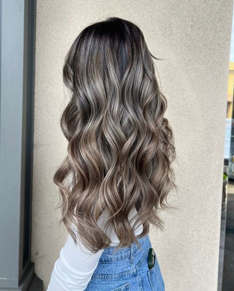 Black And Blonde Balayage Long Hair, Ashy Blonde Foils On Brown Hair, Silver Brown Balayage, Pretty Hair Highlights, Ash Foils On Dark Hair, Curly Hair Balayage Cool Tone, Highlights And Lowlights For Brunettes Dark, Icy Brunette Highlights, Dark Brown Hair With Ombre Highlights