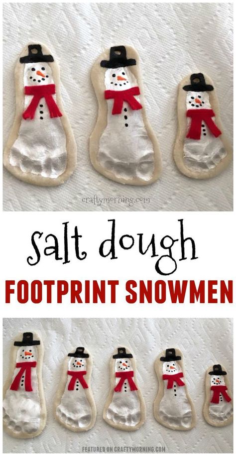 Salt dough footprint snowmen ornaments are adorable!! Cute kids craft for christmas. Salt Dough Footprint, Baby Christmas Crafts, Snowmen Ornaments, Preschool Christmas, Salt Dough, Christmas Crafts For Kids, Baby Crafts, Winter Crafts