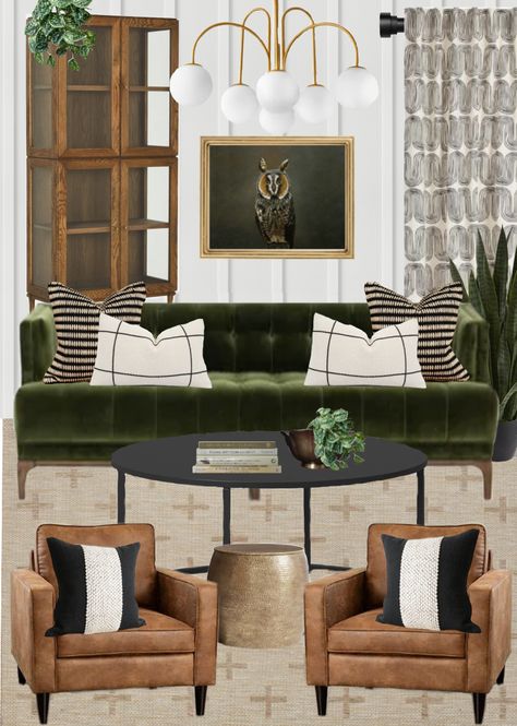 Mcm Grey Couch, Mcm Art Deco Living Room, Midcentury Sitting Room, Midcentury Vintage Interior, Mcm Inspired Living Room, Art Deco Mid Century Modern Living Room, Living Room Decor Board, Mcm Transitional Living Room, Wall Color With Green Couch