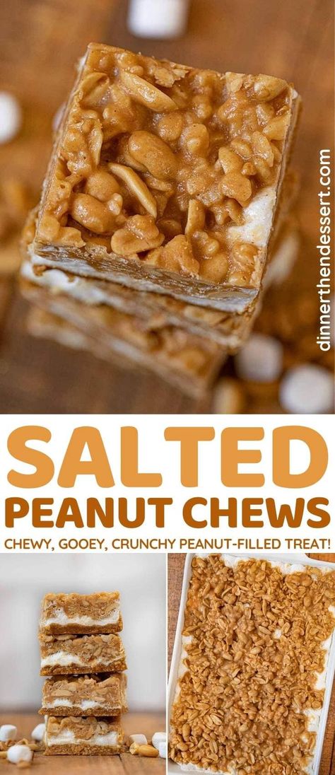 Salted Peanut Chews are a combination of peanut butter cookies, Rice Krispies, and peanut butter brittle. #dessert #peanuts #marshmallows #ricekrispies #peanutchews #desserttreats #peanutbutterdessert #dinnerthendessert Crushed Peanut Recipes, Dry Roasted Peanuts Recipe Desserts, Peanut Butter Chews Recipes, Salted Peanut Bars, Disneyland Peanut Butter Squares, Unsalted Peanuts Recipes, Salted Peanuts Recipes, Circus Peanuts Candy Recipe, Peanut Bars Recipe