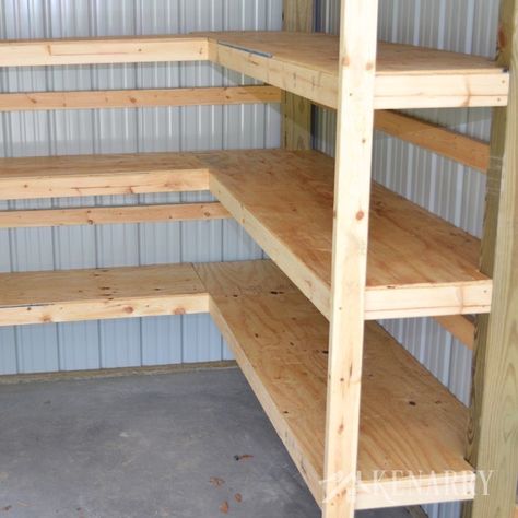 Great idea for DIY corner shelves to create storage in a garage or pole barn! Shed Organisation, Diy Corner Shelves, Diy Corner Shelf, Diy Storage Shelves, Barn Storage, Garage Storage Shelves, Shed Organization, Basement Storage, Diy Garage Storage