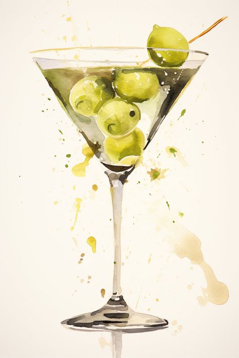 "Fun graphic printable artwork that features the famous Dirty Martini Cocktail (#1).  This version is part of the cocktail series and can be combined with other downloadable graphics.   Downloadable files for your printing/framing in the following pre-made sizes (Inches) (4\" X 6\")  (8\" X 12\")  & (9\" X 9\" - recipe)  (12\" X 12\" - recipe) In the download you will receive all 4 sizes. Contact me if you would like optional background colors or sizes or assistance printing." Watercolor Cocktail Art, Watercolor Martini, Cocktail Artwork, Champagne Painting, Cocktail Watercolor, Cocktail Art Illustration, Martini Art, Cocktails Drawing, Dry Martini