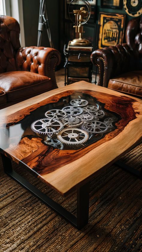 This coffee table, featuring intricate gear designs encased in epoxy resin, is a true statement piece. #IndustrialDesign #EpoxyCraft #HomeDecor Epoxy Resin Table Top Ideas, Resin Table Top Ideas, Epoxy Resin Table Coffee Tables, Epoxy Resin Furniture, Wood Epoxy, Wood Epoxy Projects, Epoxy Coffee Table, Wood And Epoxy Projects, Epoxy Resin Table Ideas