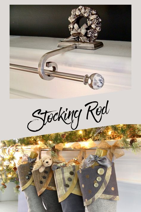 It's the easiest way to style your mantel! Bury the TWO stocking holders behind your mantel display. No more chorus line of individual stocking holders!    #hangingstockings #howtohangstockings #ChristmasinJuly #Christmasstockings #stockingrod #bestwaytohangstockings #HangChristmasstockings #mantel  #christmasmantel #manteldisplay #christmasmantelstyling #christmasmanteldecor #Christmasmantel #hangChristmasstockings Ways To Hang Stockings With No Fireplace, No Mantel Stocking Ideas, Creative Ways To Hang Christmas Stocking, Stocking Hangers No Mantle, Stocking Hangers No Mantel, Diy Mantle Stocking Hangers, Stockings Were Hung Sign Diy, Stocking Holder Stand, Stocking Holders For Mantle