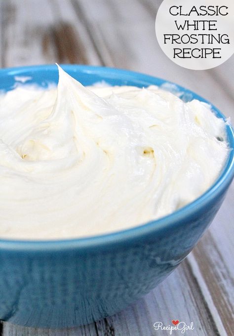 Classic White Frosting Recipe - RecipeGirl.com - perfect for a double layer cake or cupcakes! White Cake Frosting, White Frosting Recipe, White Frosting Recipes, Double Layer Cake, Easy Frosting, Frosting Recipes Easy, White Cake Recipe, Cake Frosting Recipe, Homemade Frosting