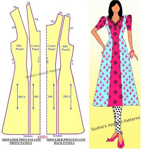 Sudha's Apparel Patterns: How to make Kameez with Shoulder Princess line? Kurta Sewing Pattern, Princess Cut Dress Pattern, A Line Dress Pattern, Princess Cut Dress, Princess Dress Patterns, Princess Line Dress, Below The Knee Dresses, Dresses By Pattern, Princess Line