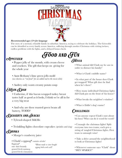 Christmas Vacation Movie Night Food, Dinner And Movie Theme Night Adults, Christmas Dinner And Movie Ideas, Christmas Theme Dinner Party, Christmas Vacation Dinner Party, Dinner And A Movie Christmas, Christmas Movie Themed Dinners, Christmas Movie Themed Dinner Ideas, Christmas Movie Night Menu Ideas