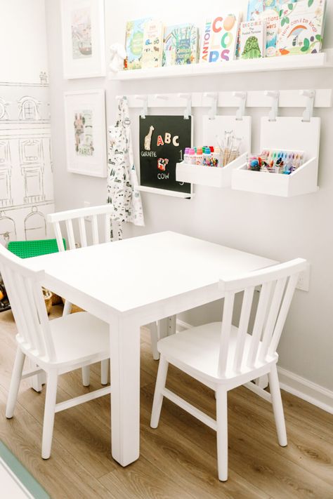 Our Basement Craft Table and Art Station - Danielle Moss Playroom Art Organization, Kids Playroom Art Station, Ikea Kids Table And Chair, Wall Art Station For Kids, Craft Table Playroom, Children Craft Table, Playroom With Table And Chairs, Art Corner In Playroom, Art Table Playroom