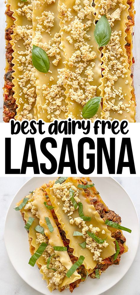 dairy free lasagna with spinach and meat sauce. Dairy Free Lasagna Recipe, Vegan Vegetable Lasagna, Dairy Free Lasagna, Gluten Free Lasagna Noodles, Vegan Lasagna Recipe, Almond Ricotta, Gluten Free Lasagna, Dairy Free Pasta, Meat Sauce Recipes