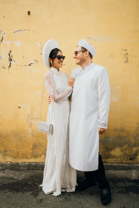 Vietnamese traditional ao dai outfit Lace Ao Dai, Traditional Vietnamese Wedding, Vietnamese Wedding Dress, Male Design, Vietnam Wedding, Vietnamese Ao Dai, Vietnamese Wedding, Yellow Wedding, Wedding Goals