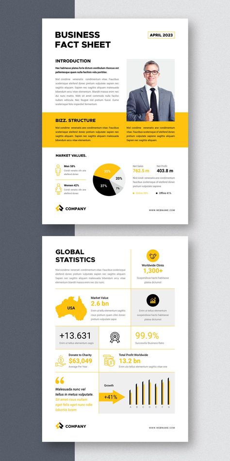 This 02 Pages Data Fact Sheet Template can be used for any business or other projects. All fonts, shapes, and other elements are very easy to customize with Adobe InDesign. #data #fact #sheet #template #factsheet Advertorial Design, Fact Sheet Template, One Pager Design, Organizational Chart Design, Business Case Template, Newsletter Design Templates, Design Print Layout, Case Study Design, Brochure Design Layout