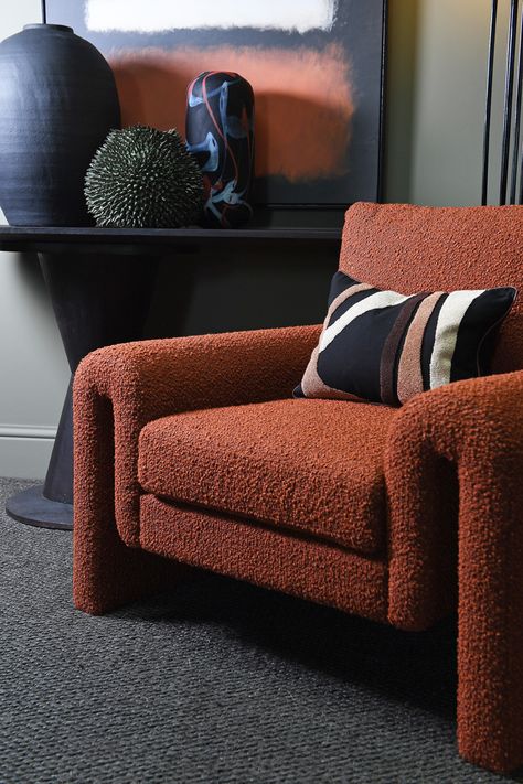 Burnt Orange Chairs Living Rooms, Rust Velvet Sofa Living Room Ideas, Burnt Orange Accent Chair, Rust Accent Chair, Orange Chairs Living Room, Rust Chair, Terracotta Living Room, Burgundy Sofas, Orange Accent Chair