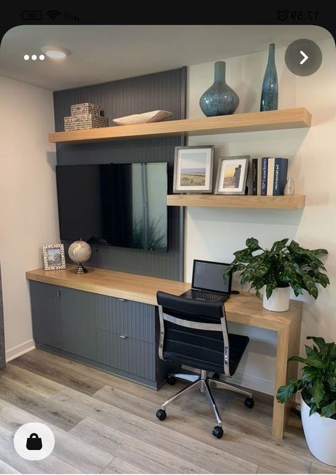 Refreshing Room Ideas, Office Guest Room Combo With Tv, Small Tv Room Office Combo, Tv With Desk Underneath, Office Space Bedroom Combo, Awkward Loft Space Ideas, Tv And Desk Combo, Tv Desk Combo, Tv Office Room Ideas