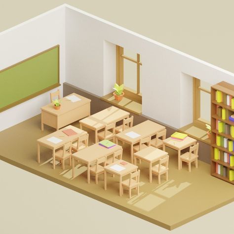 Low Poly Chair, Table, Plant, Window, Bookshelf... in a Classroom 3D Model Window Bookshelf, Classroom Scene, Elementary School Architecture, Poly Chair, Teacher Table, Classroom Window, Half Table, House Models, Classroom Background