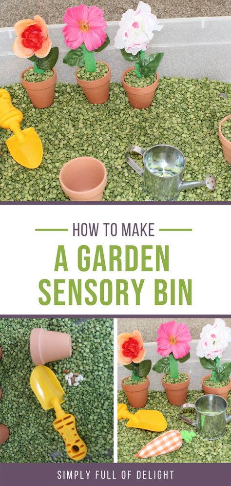 Easy Sensory Bin, Vegetable And Flower Garden, Garden Sensory Bin, Garden Sensory, Toddler Sensory Bins, Preschool Garden, Sensory Ideas, Play Activity, Garden Activities