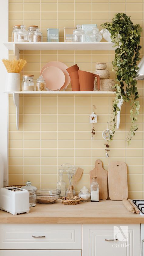 Yellow Tile Kitchen, Yellow Tile Bathroom Ideas, Yellow Kitchen Tiles, Yellow Wall Tiles, Warm Kitchen Colors, Yellow Kitchen Designs, Kitchen Color Yellow, Cabin Renovation, Camper Interior Design